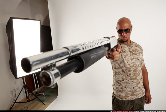 Man Adult Athletic Black Standing poses Army Fighting with shotgun