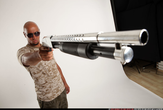 Man Adult Athletic Black Standing poses Army Fighting with shotgun