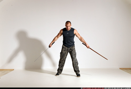 Man Adult Athletic White Fighting with sword Moving poses Sportswear