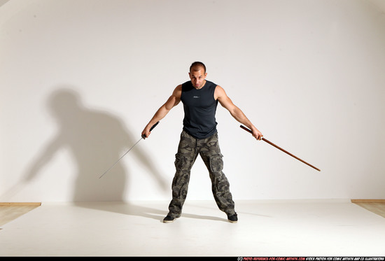 Man Adult Athletic White Fighting with sword Moving poses Sportswear