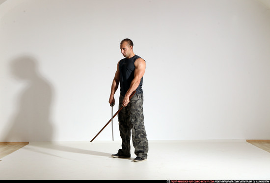 Man Adult Athletic White Fighting with sword Moving poses Sportswear