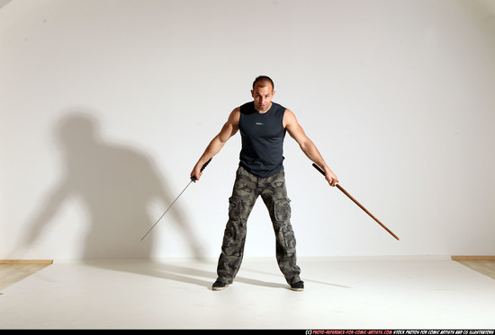 Man Adult Athletic White Fighting with sword Moving poses Sportswear