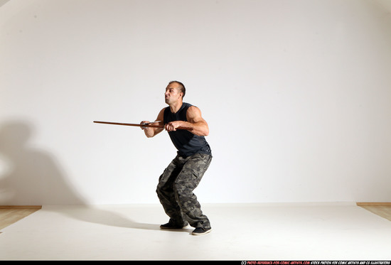 Man Adult Athletic White Fighting with sword Moving poses Sportswear