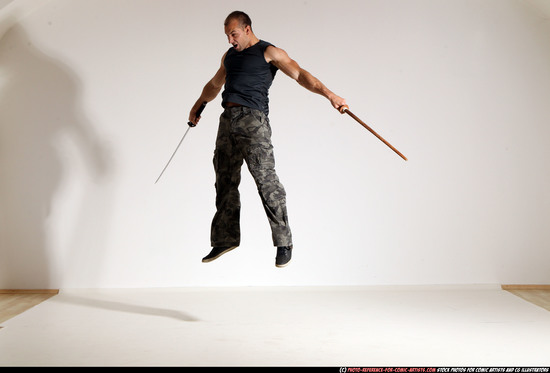 Man Adult Athletic White Fighting with sword Moving poses Sportswear