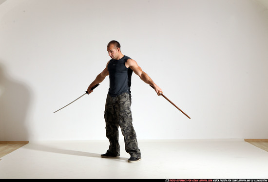 Man Adult Athletic White Fighting with sword Moving poses Sportswear