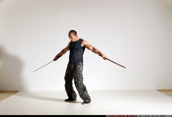 Man Adult Athletic White Fighting with sword Moving poses Sportswear