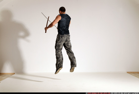 Man Adult Athletic White Fighting with sword Moving poses Sportswear