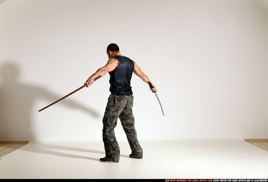 Man Adult Athletic White Fighting with sword Moving poses Sportswear