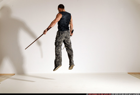 Man Adult Athletic White Fighting with sword Moving poses Sportswear