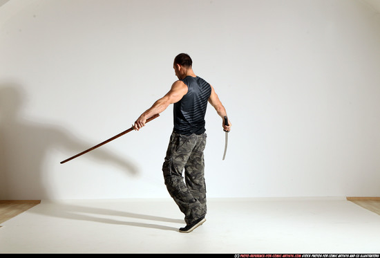 Man Adult Athletic White Fighting with sword Moving poses Sportswear