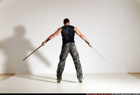 Man Adult Athletic White Fighting with sword Moving poses Sportswear