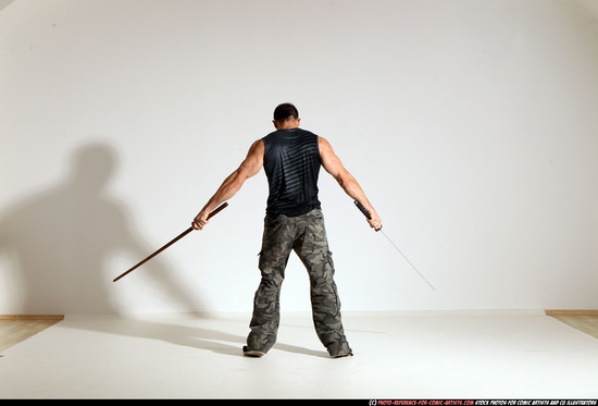 Man Adult Athletic White Fighting with sword Moving poses Sportswear