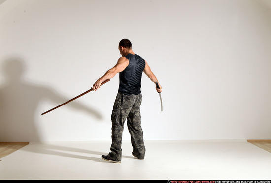 Man Adult Athletic White Fighting with sword Moving poses Sportswear