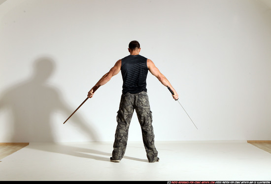 Man Adult Athletic White Fighting with sword Moving poses Sportswear