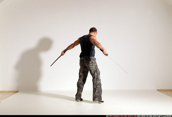 Man Adult Athletic White Fighting with sword Moving poses Sportswear