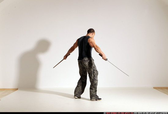 Man Adult Athletic White Fighting with sword Moving poses Sportswear