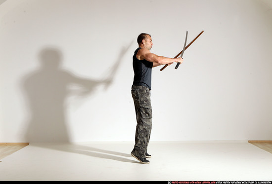 Man Adult Athletic White Fighting with sword Moving poses Sportswear