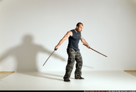 Man Adult Athletic White Fighting with sword Moving poses Sportswear