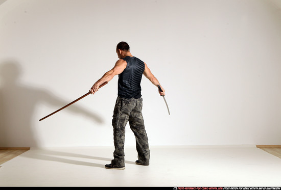 Man Adult Athletic White Fighting with sword Moving poses Sportswear