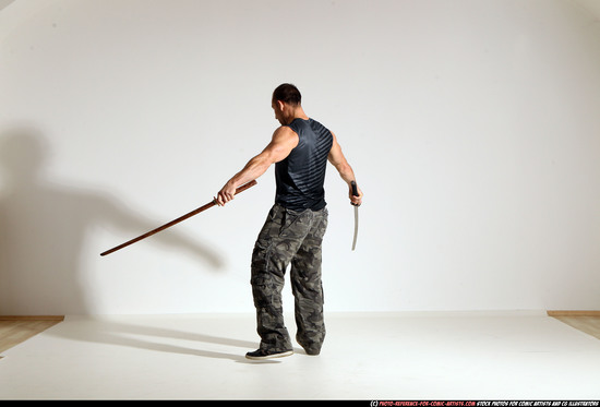 Man Adult Athletic White Fighting with sword Moving poses Sportswear