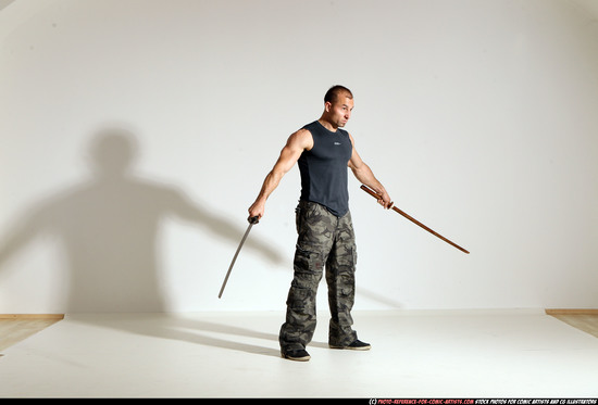 Man Adult Athletic White Fighting with sword Moving poses Sportswear