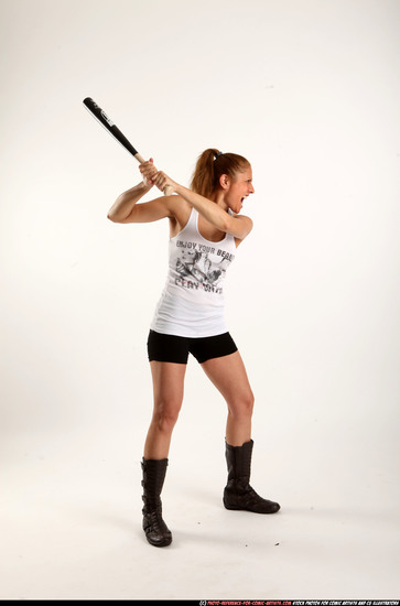 Woman Adult Athletic White Standing poses Casual Fighting with bat