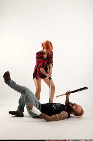 Man & Woman Adult Athletic White Fighting with sword Execution Casual