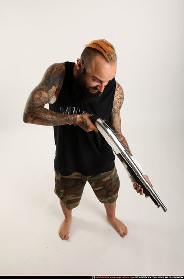 Man Adult Athletic White Standing poses Casual Fighting with shotgun