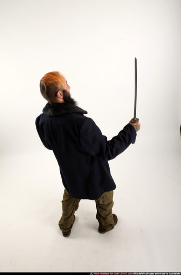 Man Adult Athletic White Fighting with sword Standing poses Coat