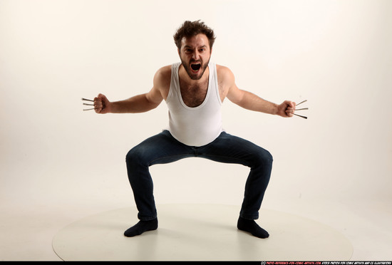 Man Adult Average White Fist fight Kneeling poses Casual