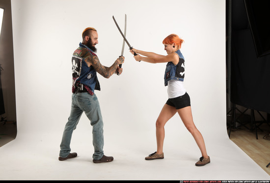 Man & Woman Adult Athletic White Fighting with sword Standing poses Casual