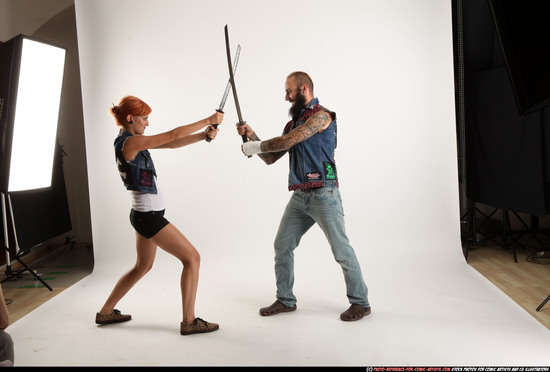 Man & Woman Adult Athletic White Fighting with sword Standing poses Casual