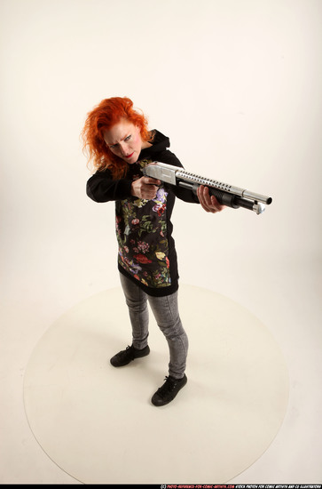 Woman Adult Athletic White Standing poses Casual Fighting with shotgun