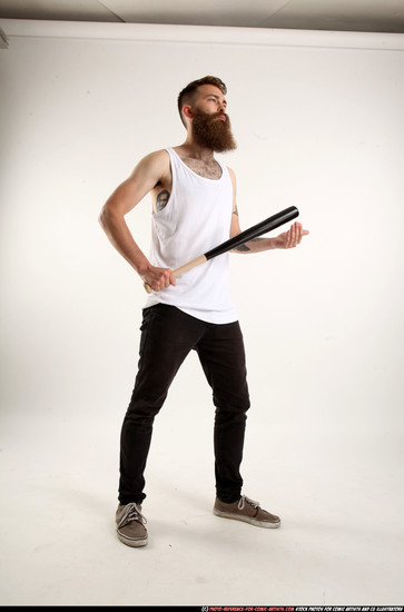 Man Adult Athletic White Standing poses Casual Fighting with bat