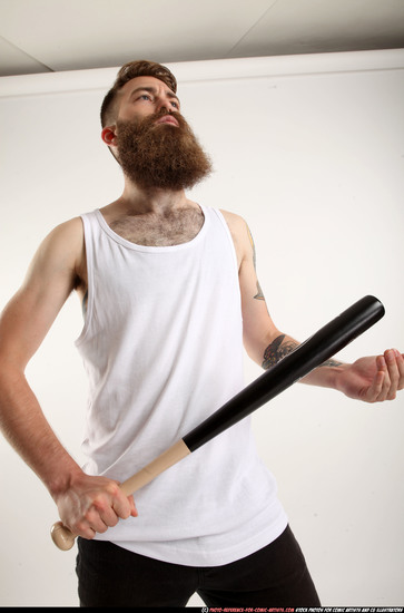 Man Adult Athletic White Standing poses Casual Fighting with bat