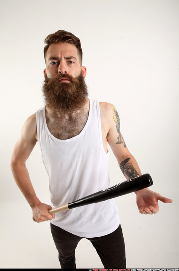 Man Adult Athletic White Standing poses Casual Fighting with bat