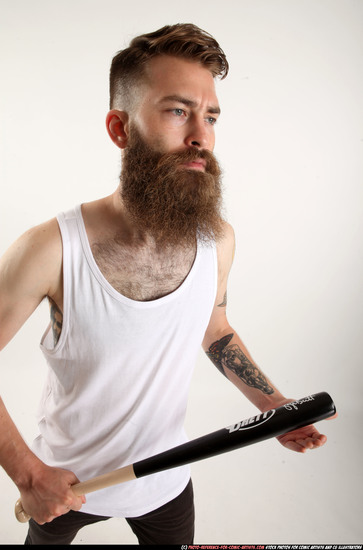 Man Adult Athletic White Standing poses Casual Fighting with bat