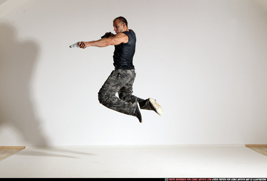 Man Adult Athletic White Fighting with gun Moving poses Army