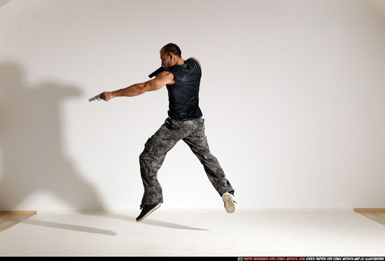 Man Adult Athletic White Fighting with gun Moving poses Army