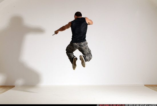 Man Adult Athletic White Fighting with gun Moving poses Army