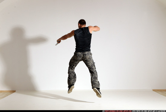 Man Adult Athletic White Fighting with gun Moving poses Army