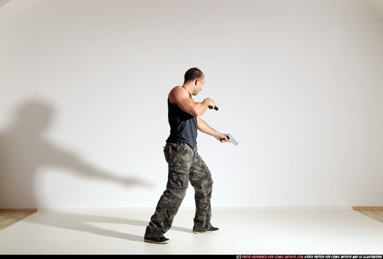 Man Adult Athletic White Fighting with gun Moving poses Army