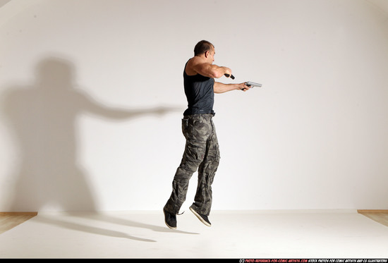 Man Adult Athletic White Fighting with gun Moving poses Army