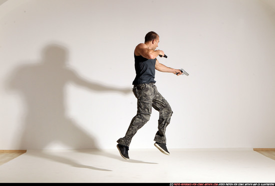 Man Adult Athletic White Fighting with gun Moving poses Army