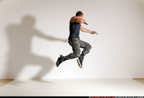 Man Adult Athletic White Fighting with gun Moving poses Army