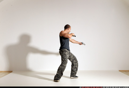 Man Adult Athletic White Fighting with gun Moving poses Army