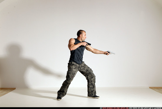 Man Adult Athletic White Fighting with gun Moving poses Army