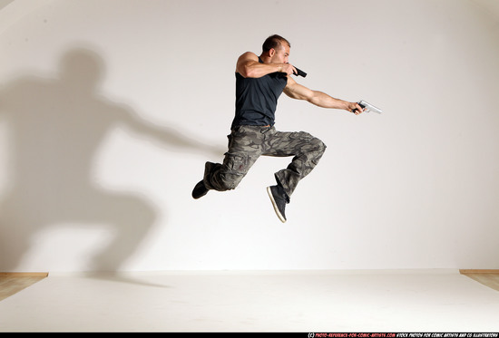 Man Adult Athletic White Fighting with gun Moving poses Army