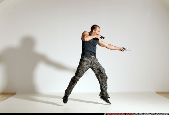 Man Adult Athletic White Fighting with gun Moving poses Army