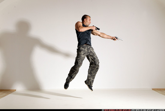 Man Adult Athletic White Fighting with gun Moving poses Army